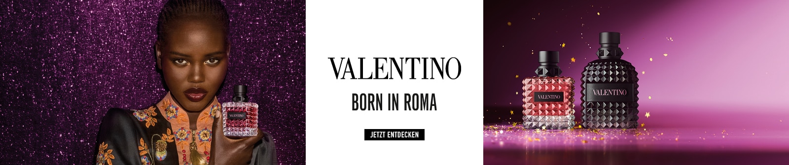 Valentino Born in Roma Donna und Uomo Parfumflakons vor lila Hintergrund mit goldenen Sternen.